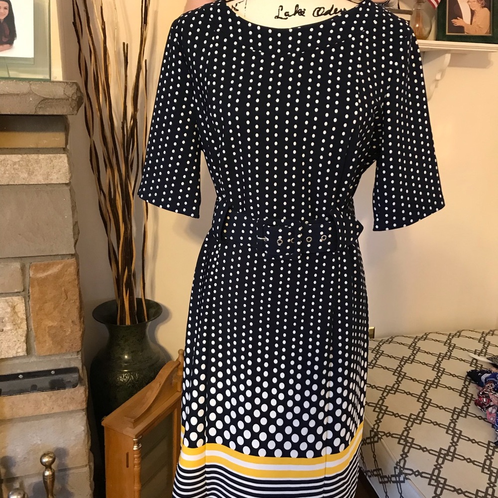 Navy and white polka dot belted dress